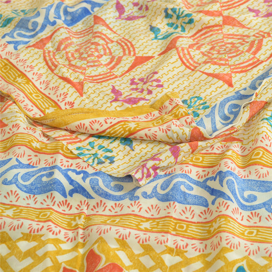 Sanskriti Vintage Sarees Cream Indian Pure Crepe Silk Printed Sari Craft Sustainable Fabric