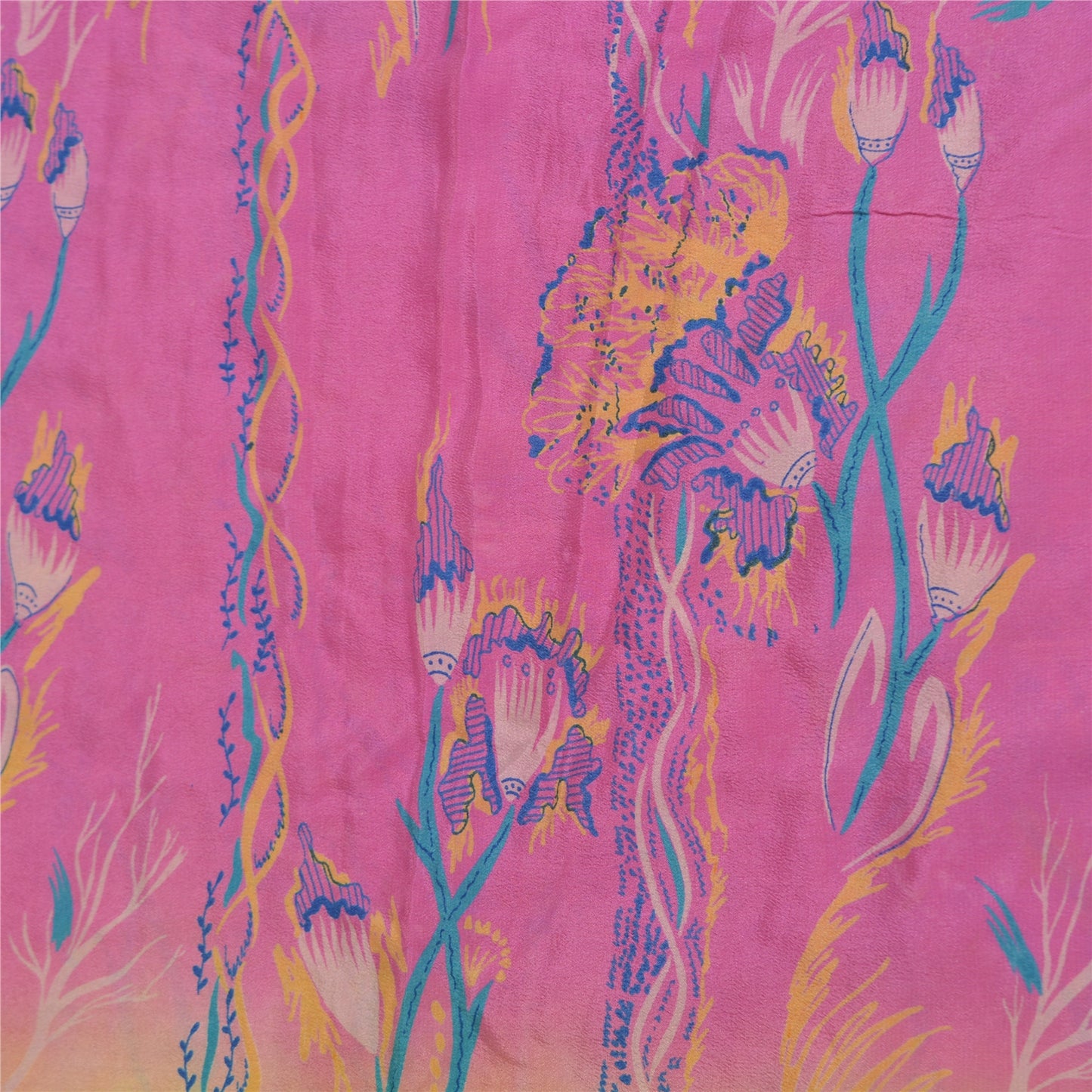 Sanskriti Vintage Purple/Lemon Sarees Pure Crepe Silk Printed Sari Craft Sustainable Fabric