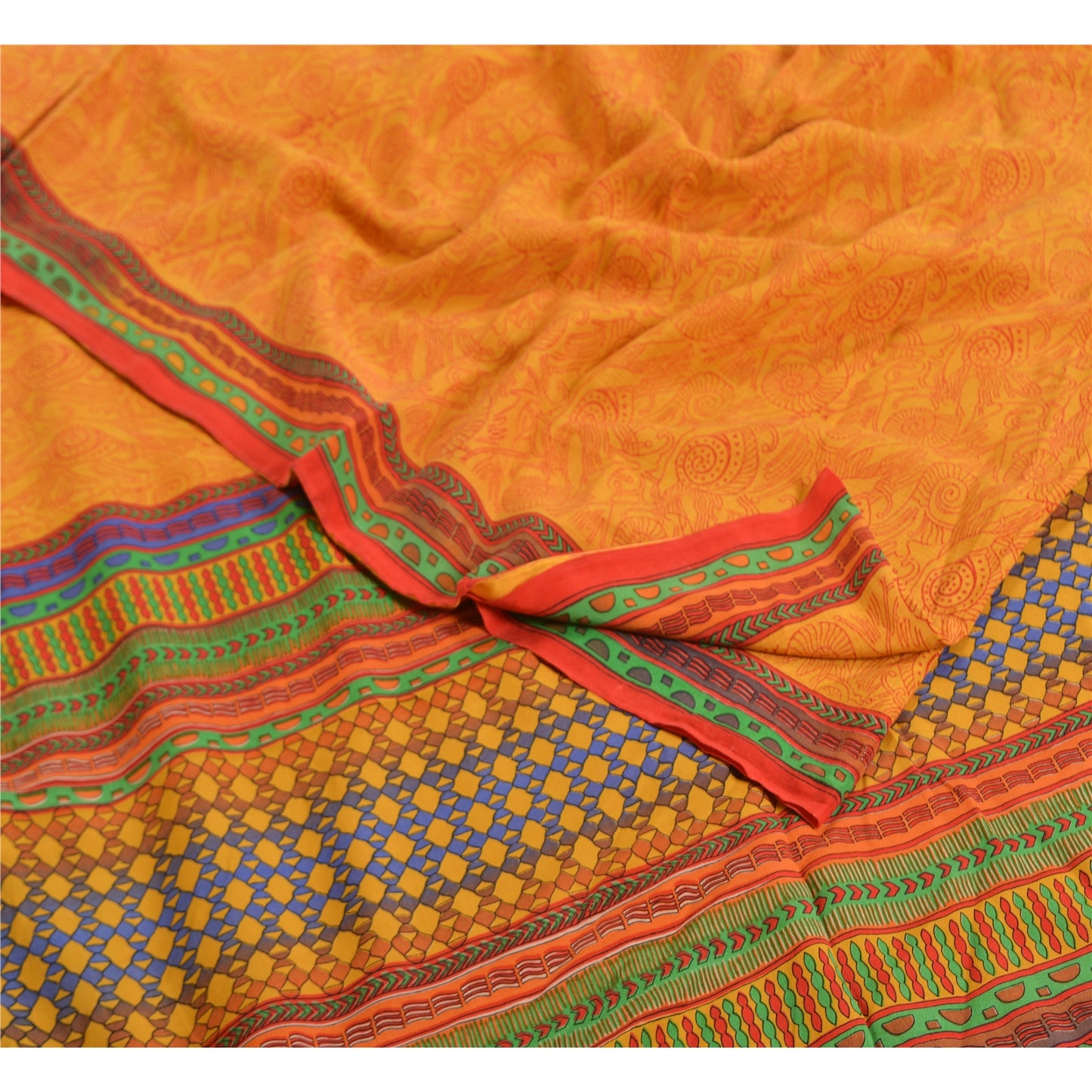 Sanskriti Vintage Sarees Yellow Pure Crepe Silk Printed Sari Floral Craft Sustainable Fabric