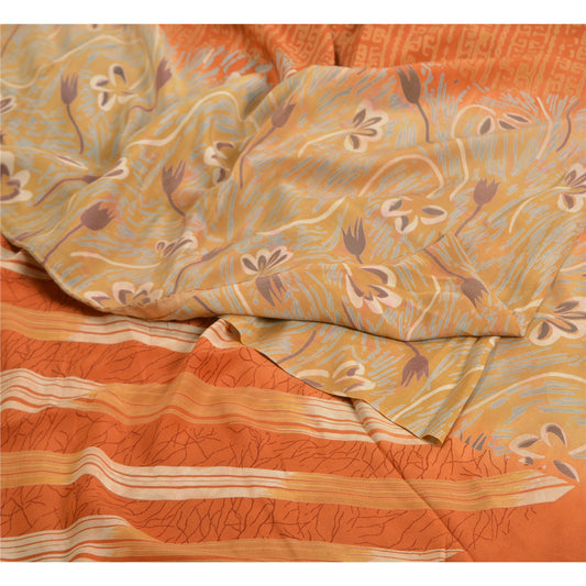 Sanskriti Vintage Sarees Beige/Orange Pure Crepe Silk Printed Sari Craft Sustainable Fabric