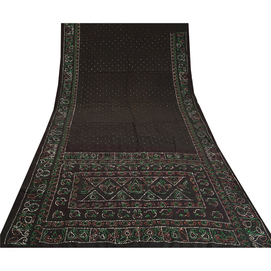 Санскритские винтажные сари, черное сари из чистого крепированного шелка, расшитое вручную бисером, 5 ярдов, ткань для рукоделия, устойчивая к воздействию окружающей среды