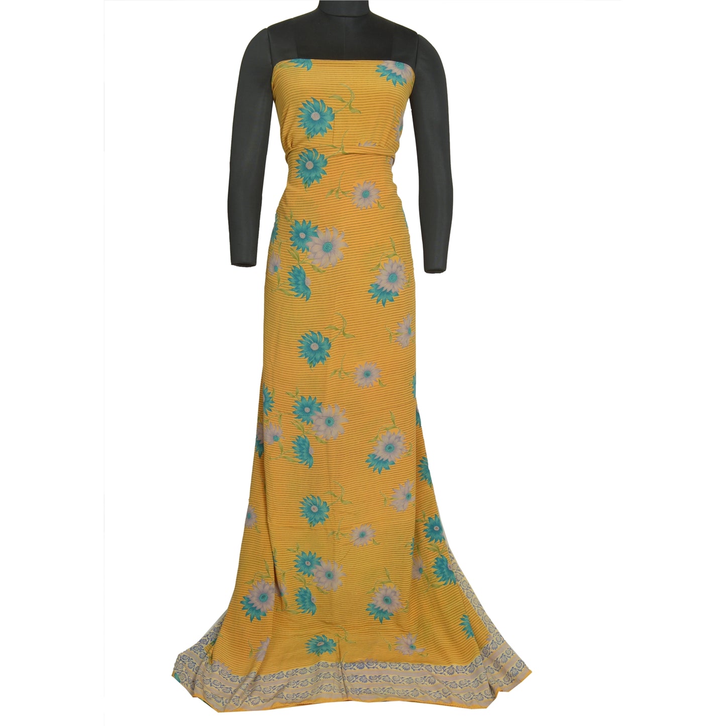 Sanskriti Vintage Sarees Indian Yellow Pure Crepe Silk Printed Sari Craft Sustainable Fabric