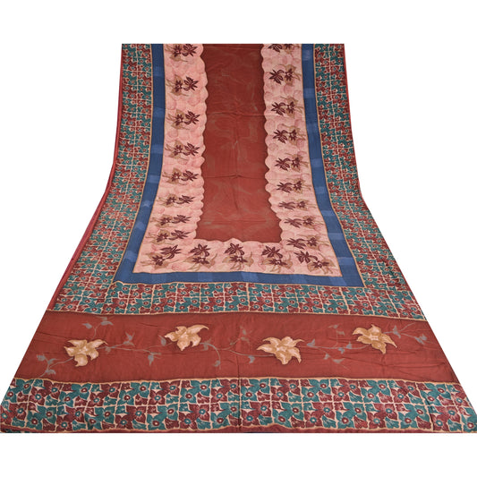 Sanskriti Vintage Sarees Dark Red Pure Crepe Silk Printed Sari 5yd Craft Sustainable Fabric