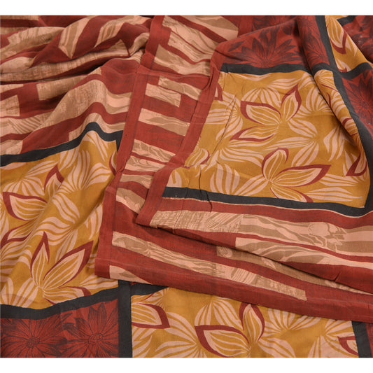 Sanskriti Vintage Sarees Dark-Red Pure Crepe Silk Printed Sari Soft Craft Sustainable Fabric