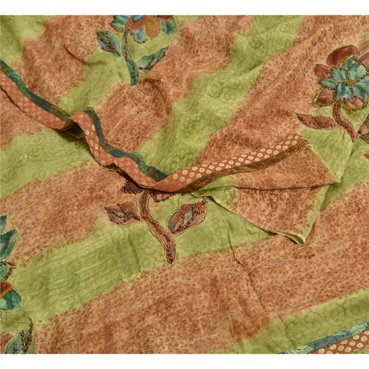 Sanskriti Vintage Sarees Green/Orange Hand Beaded Pure Crepe Printed Sari Sustainable Fabric