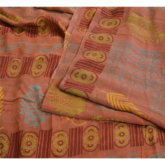 Sanskriti Vintage Sarees Rusty Brown Pure Crepe Silk Printed Sari Craft Sustainable Fabric