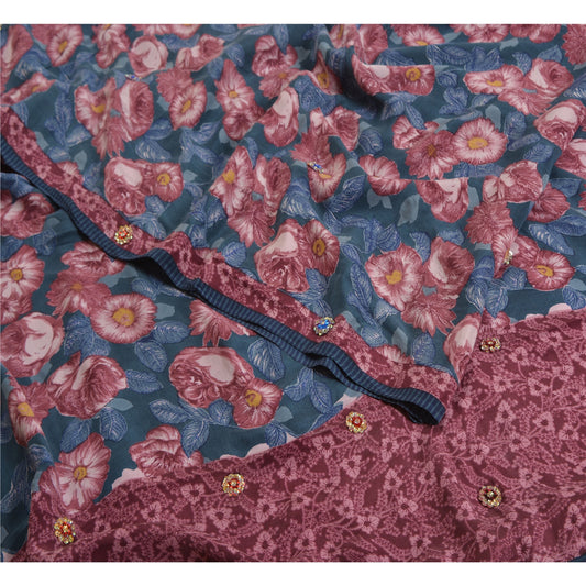 Sanskriti Vintage Sarees Blue/Purple Hand Beaded Pure Crepe Printed Sari Sustainable Fabric