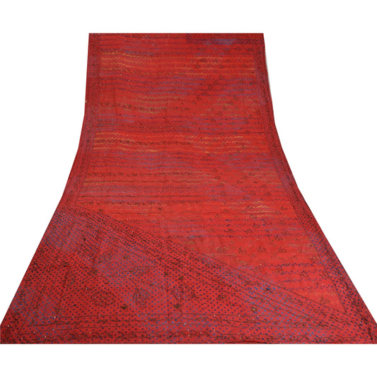 Sanskriti Vintage Sarees Red Hand Beaded Pure Crepe Silk Print Sari Craft Sustainable Fabric