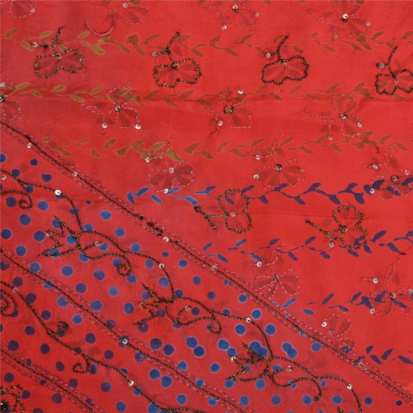 Sanskriti Vintage Sarees Red Hand Beaded Pure Crepe Silk Print Sari Craft Sustainable Fabric