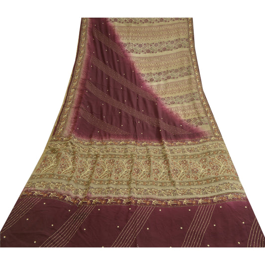 Sanskriti Vintage Sarees Elfenben/Lilla Håndperlet Ren Crepe Sari Håndlavet Bæredygtigt Stof