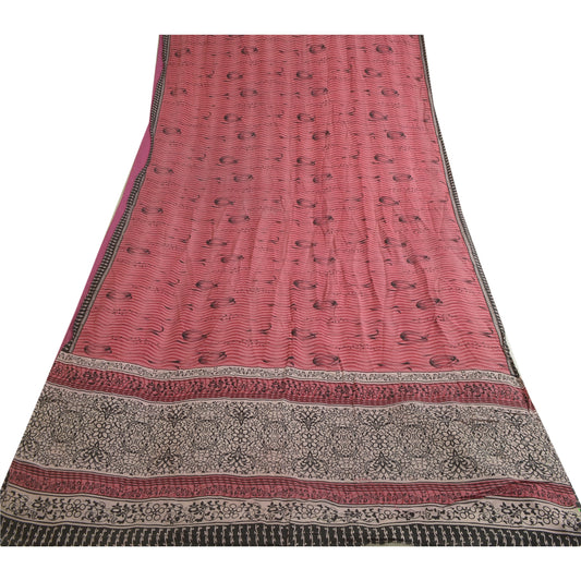 Sanskriti Vintage Saree Pink 100% Pure Crepe Silk Floral Printed Sari 5.5+Yd Craft Fabric Create Dresses, Kaftan, Skirt, Tops, Projects