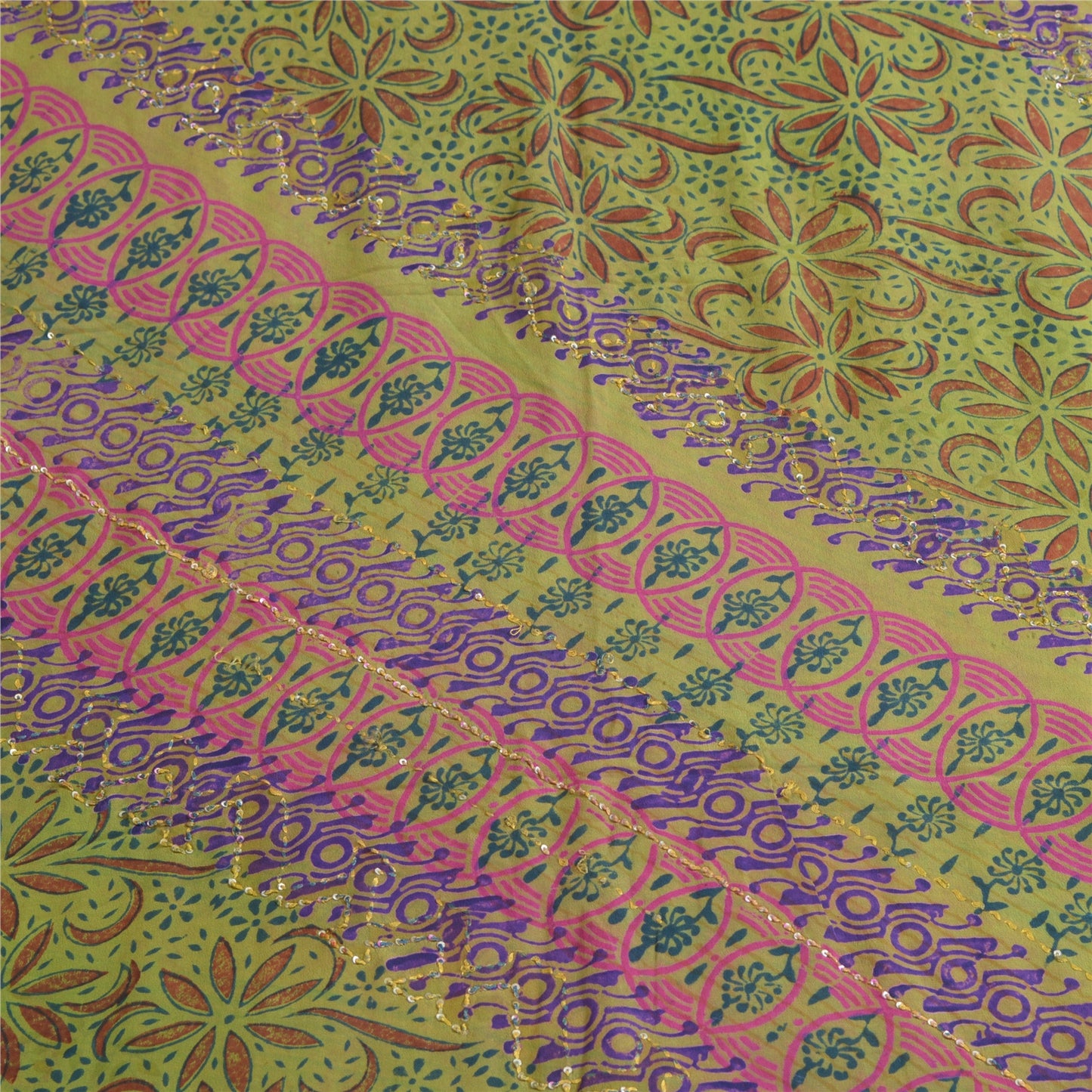 Sanskriti Vintage Sarees Red/Green Hand Bead Pure Crepe Print Sari Craft Sustainable Fabric