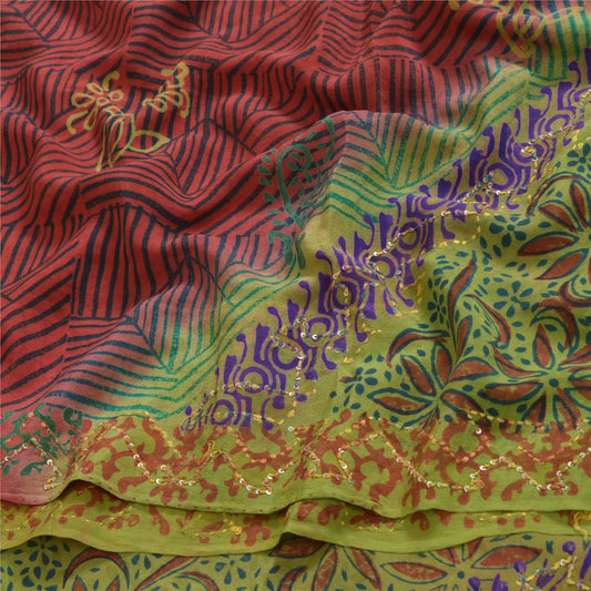 Sanskriti Vintage Sarees Red/Green Hand Bead Pure Crepe Print Sari Craft Sustainable Fabric