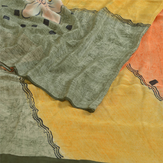 Sanskriti Vintage Sarees Multicolor Pure Crepe Silk Printed Sari Craft Sustainable Fabric