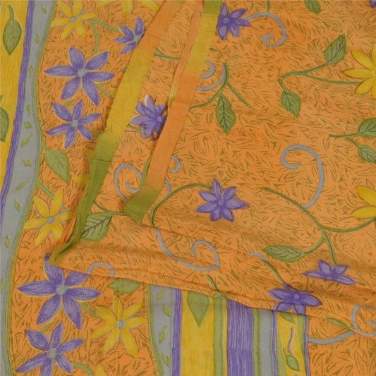 Sanskriti Vintage Sarees Saffron Pure Crepe Silk Printed Sari Soft Craft Sustainable Fabric
