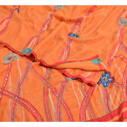 Sanskriti Vintage Sarees Orange Håndperlede Ren Crepe Silke Trykt Sari Bæredygtigt Stof