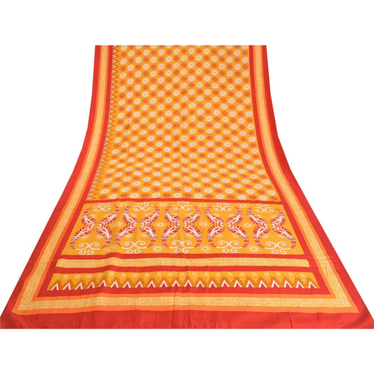 Sanskriti Vintage Sarees Indian Yellow Pure Crepe Silk Printed Sari Craft Sustainable Fabric