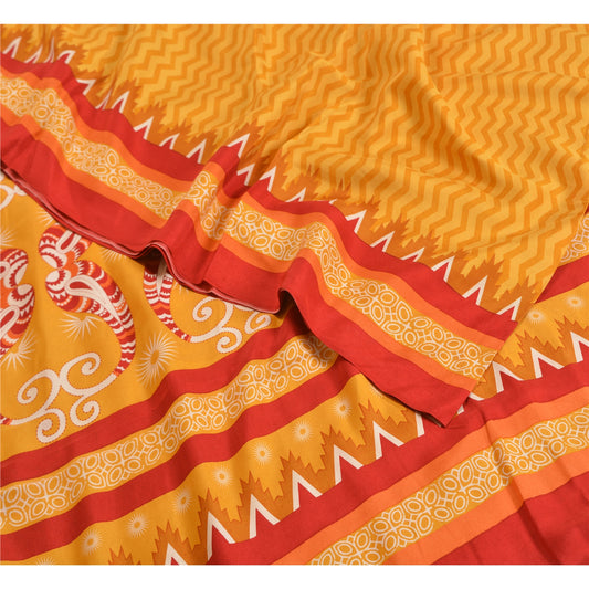 Sanskriti Vintage Sarees Indian Yellow Pure Crepe Silk Printed Sari Craft Sustainable Fabric