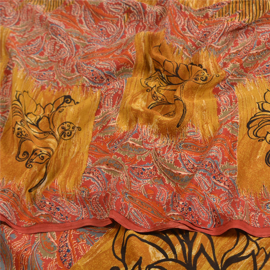 Sanskriti Vintage Sarees Saffron 100% Pure Crepe Silk Printed Sari Craft Sustainable Fabric