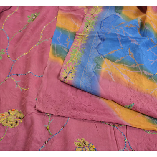 Sanskriti Vintage Sarees Multi Hand Beaded Pure Crepe Silk Sari 5yd Craft Sustainable Fabric