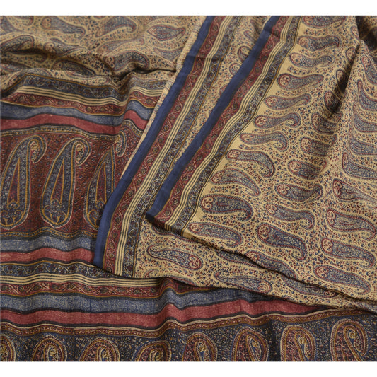 Sanskriti Vintage Sarees Indian Cream Pure Crepe Silk Printed Sari Craft Sustainable Fabric