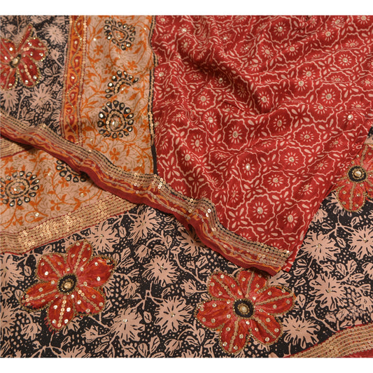 Sanskriti Vintage Sarees Red Hand Beaded Pure Crepe Silk Print Sari Craft Sustainable Fabric