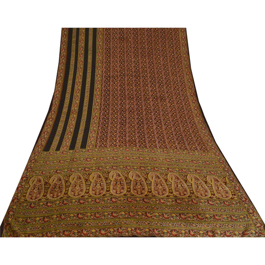 Sanskriti Vintage Sarees Brown/Green Printed Pure Crepe Silk Sari Craft Sustainable Fabric
