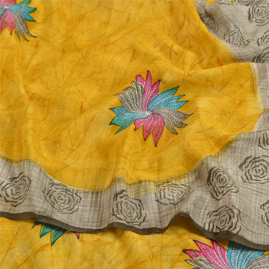 Sanskriti Vintage Sarees Gray/Yellow Pure Crepe Silk Printed Sari Craft Sustainable Fabric