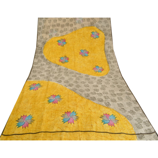 Sanskriti Vintage Sarees Grå/Gul Ren Crepe Silke Trykt Sari Håndværksmæssigt Bæredygtigt Stoff