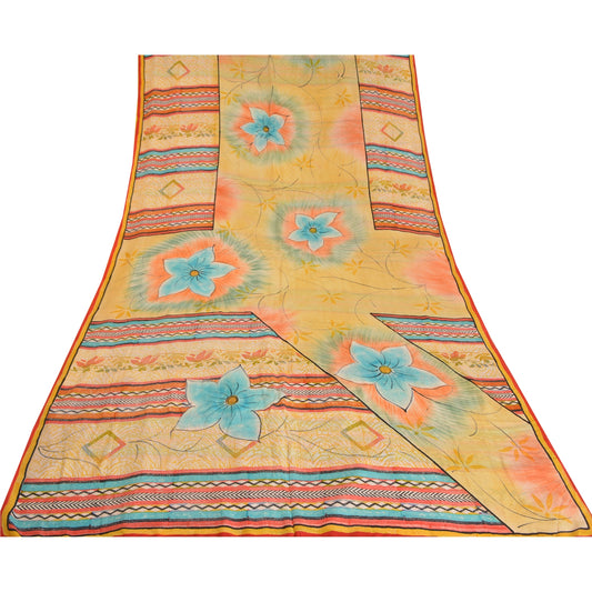 Sanskriti Vintage Sari 100% Pure Crepe Silk Sarees Multicolor Floral Printed 5yd Craft Fabric Recycled For Quilting Felting, Decor