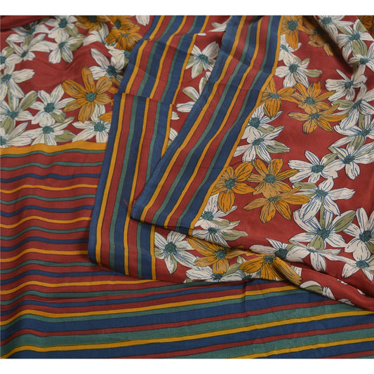 Sanskriti Vintage Sarees Red Indian Pure Crepe Silk Printed Sari Craft Sustainable Fabric