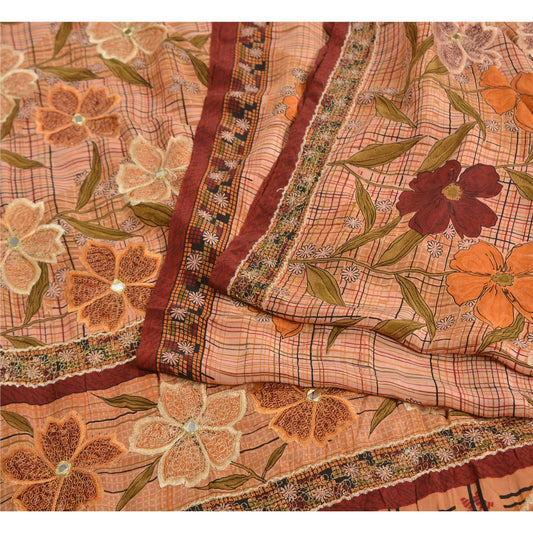 Sanskriti Vintage Sarees Peach Embroidered Pure Crepe Silk Printed Sari Sustainable Fabric