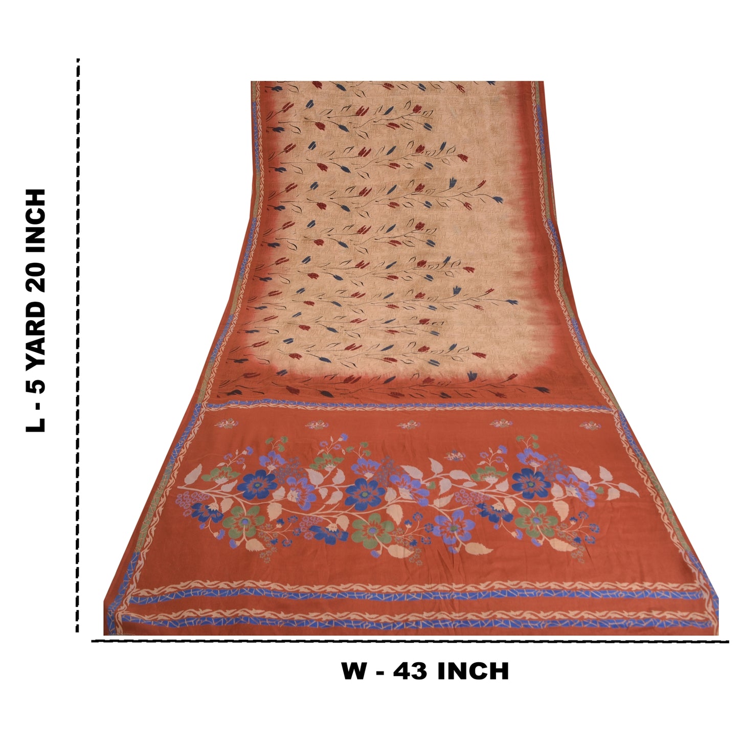 Sanskriti Vintage Sarees Cream/Red Pure Crepe Silk Printed Sari 5yd Craft Sustainable Fabric