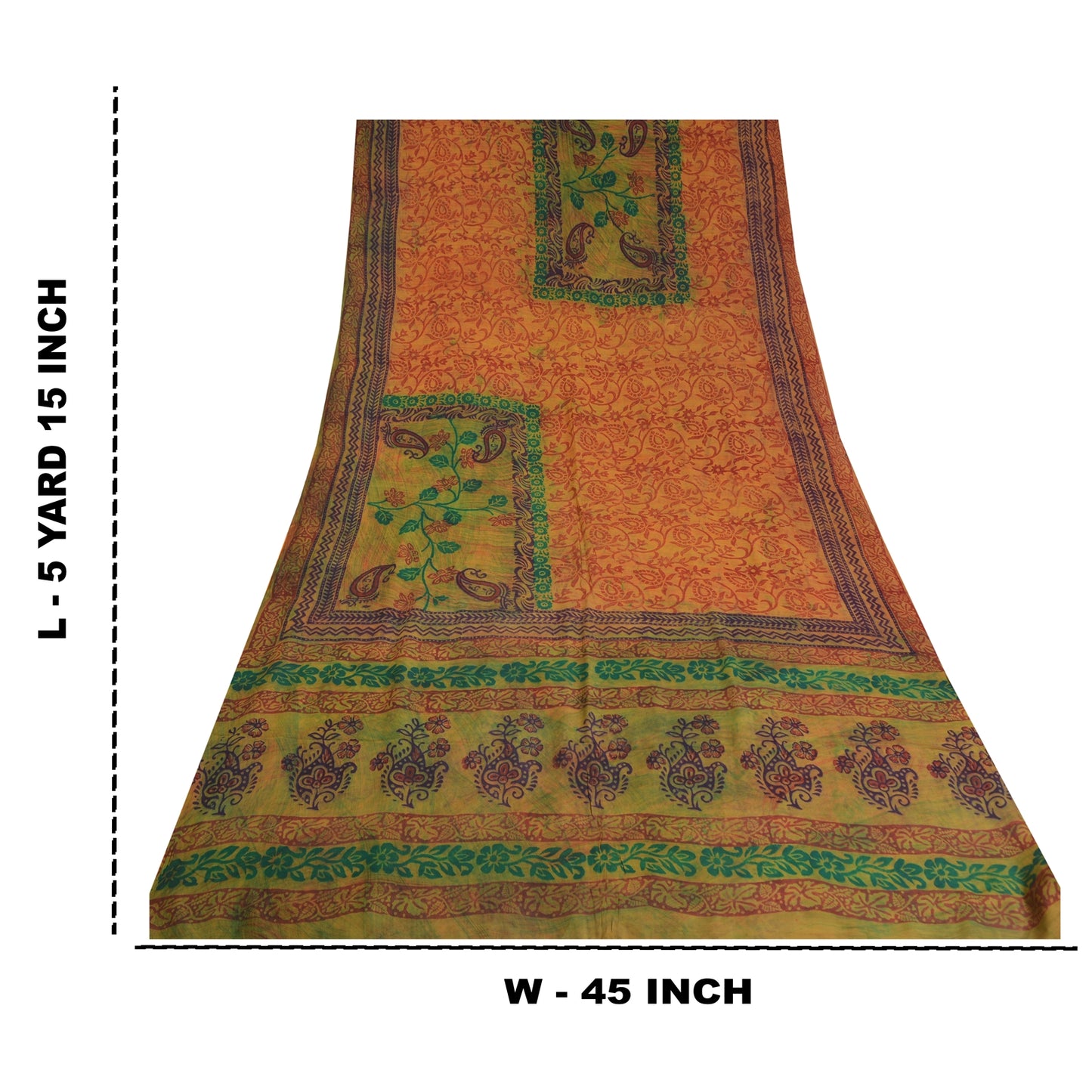 Sanskriti Vintage Sarees Mustard Hand Block Printed Pure Crepe Silk Sari Sustainable Fabric