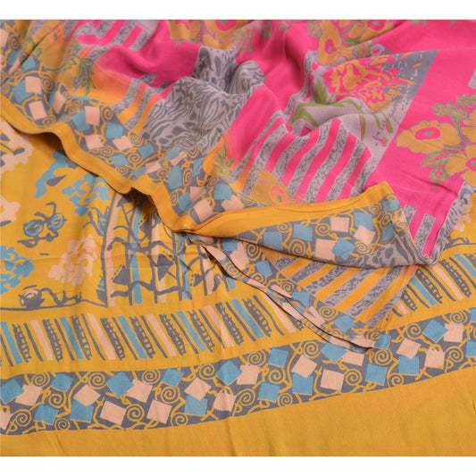 Санскритские винтажные сари из чистого крепированного шелка розового/шафранового цвета с принтом для сари из экологически чистой ткани