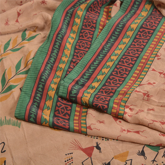 Sanskriti Vintage Sarees Fersken Warli Kunsttryk Ren Crepe Silke Sari Håndværk Bæredygtigt Stof