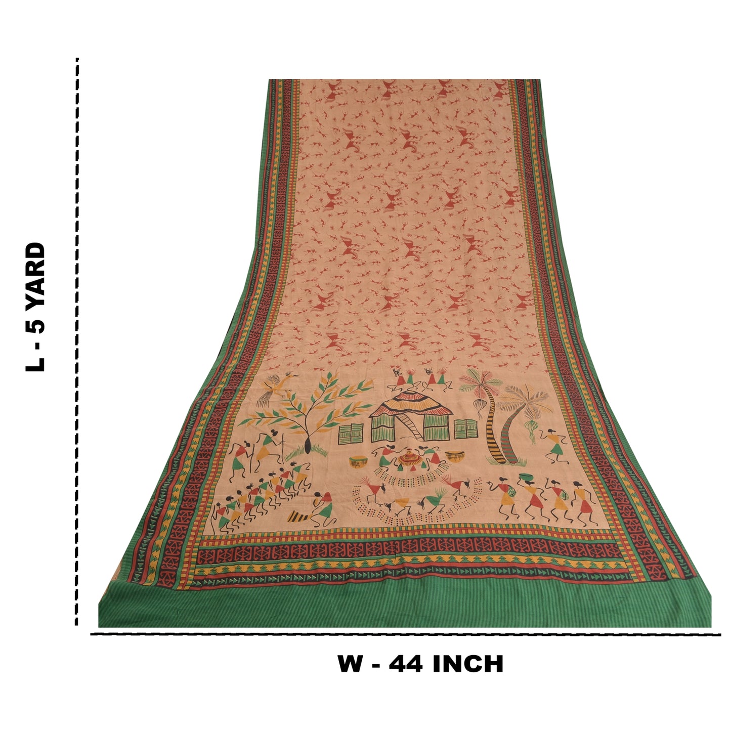Sanskriti Vintage Sarees Peach Warli Art Print Pure Crepe Silk Sari Craft Sustainable Fabric