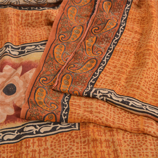 Sanskriti Vintage Sarees Black/Orange Pure Crepe Silk Printed Sari Craft Sustainable Fabric
