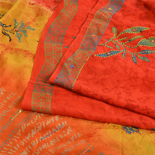 Sanskriti Vintage Sarees Red/Yellow Hand Beaded Printed Pure Crepe Sari Sustainable Fabric