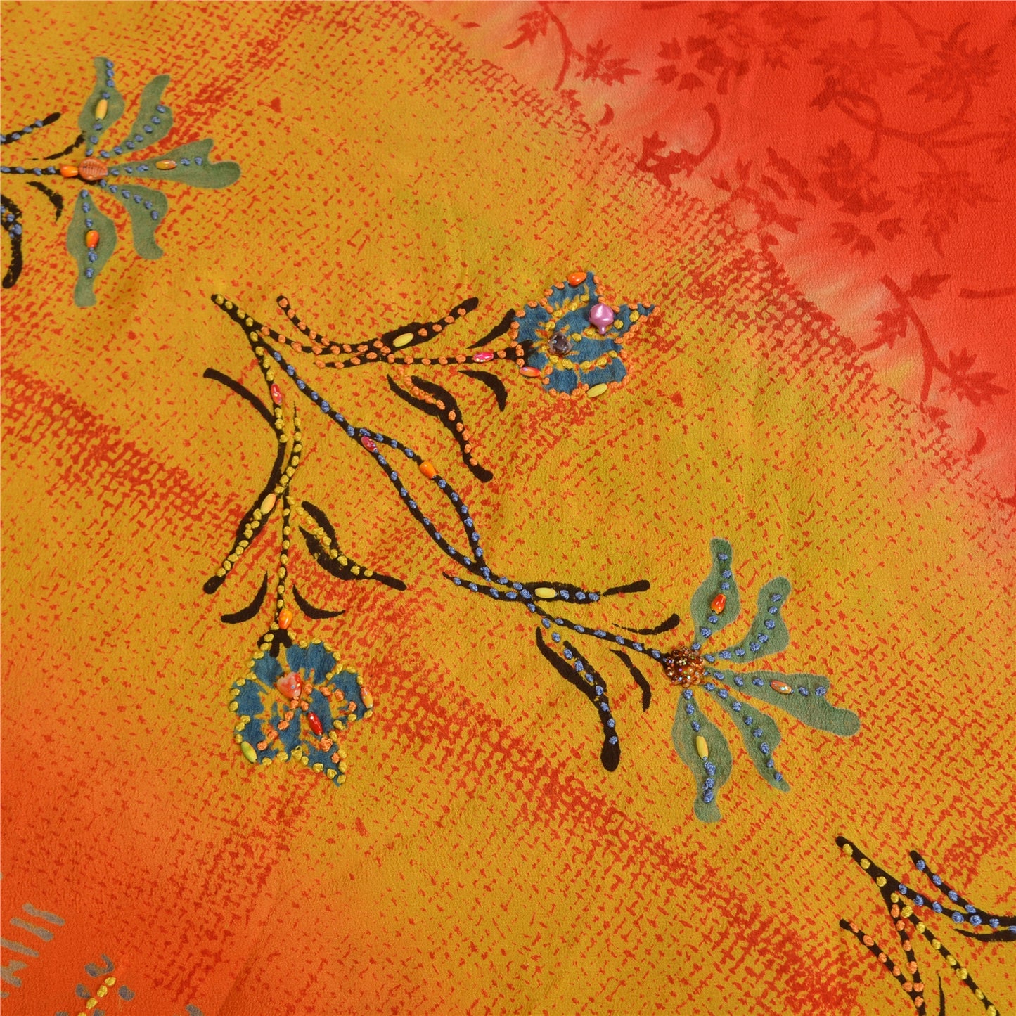 Sanskriti Vintage Sarees Red/Yellow Hand Beaded Printed Pure Crepe Sari Sustainable Fabric