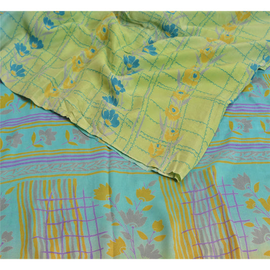 Sanskriti Vintage Sarees Blue/Green Pure Crepe Silk Printed Sari Craft Sustainable Fabric