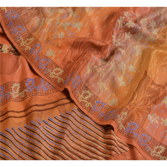 Sanskriti Vintage Sarees Indian Orange Pure Crepe Silk Printed Sari Craft Sustainable Fabric