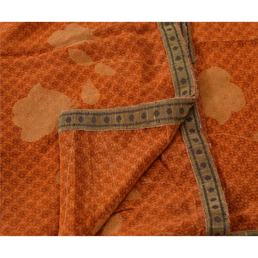 Sanskriti Vintage Orange Saree 100% Pure Crepe Silk Printed Sustainable Fabric Dress Making Sari Craft