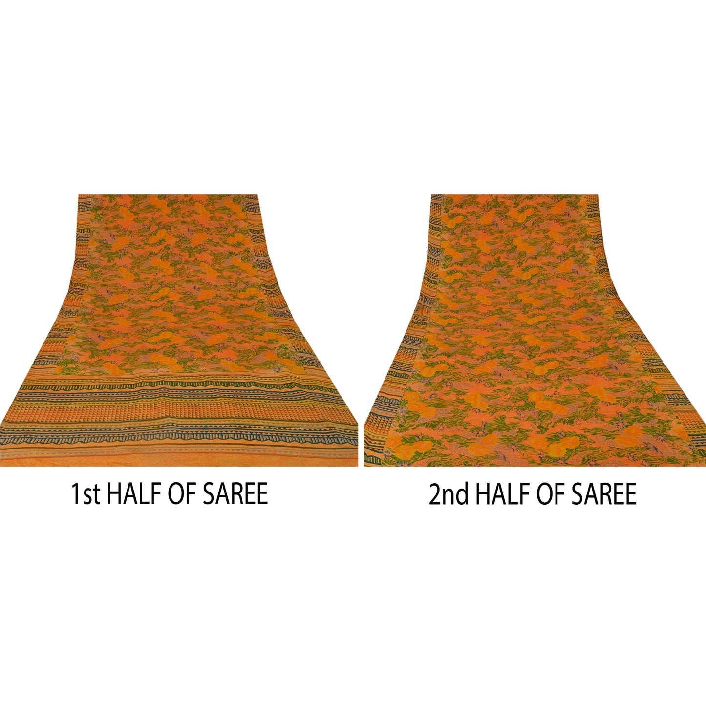 Sanskriti Vintage Orange Saree Pure Crepe Silk Printed Sustainable Fabric Dress Making Sari Craft