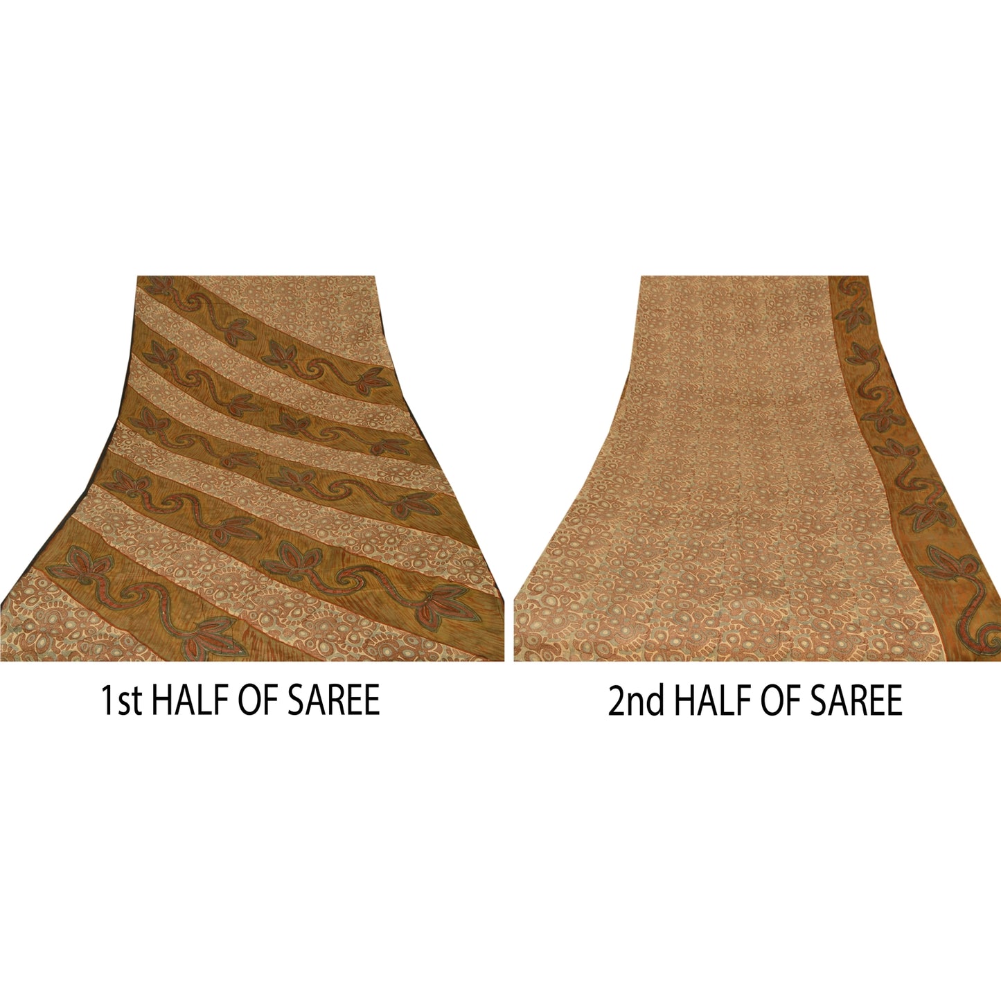 Sanskriti Vintage Brown Saree Pure Crepe Silk Printed Sari Craft 5 Yard Sustainable Fabric