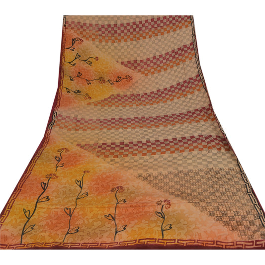 Sanskriti Vintage Saree 100% Pure Crepe Silk Printed Sustainable Fabric 5 Yard Craft Sari