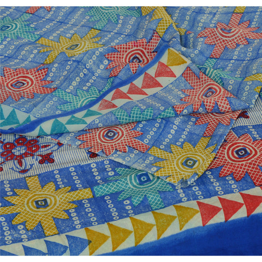 Sanskriti Vintage Blue Sarees Pure Crepe Silk Printed Sari Craft Soft Sustainable Fabric