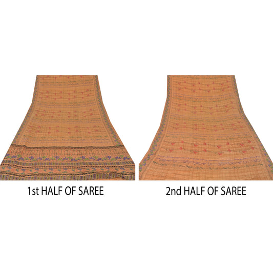 Sanskriti Vintage Peach Saree Pure Crepe Silk Printed Sari Craft 5Yd Soft Sustainable Fabric