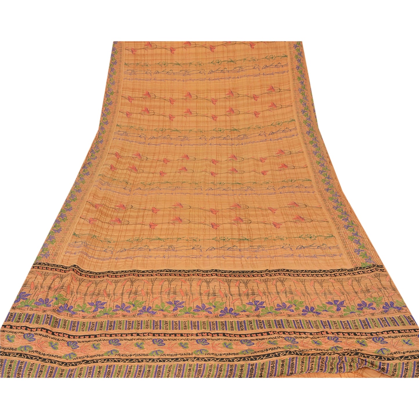 Sanskriti Vintage Peach Saree Pure Crepe Silk Printed Sari Craft 5Yd Soft Sustainable Fabric