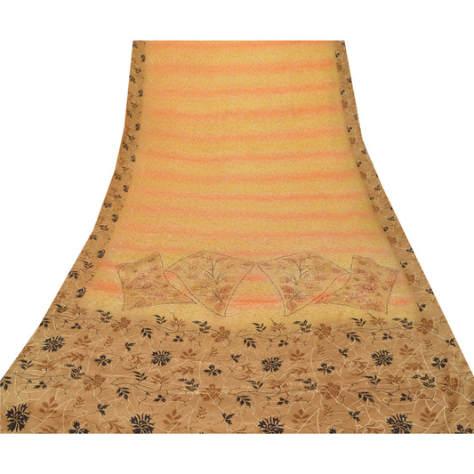 Sanskriti Vintage Cream Saree Pure Crepe Silk Printed Sari 5 Yd Craft Sustainable Fabric